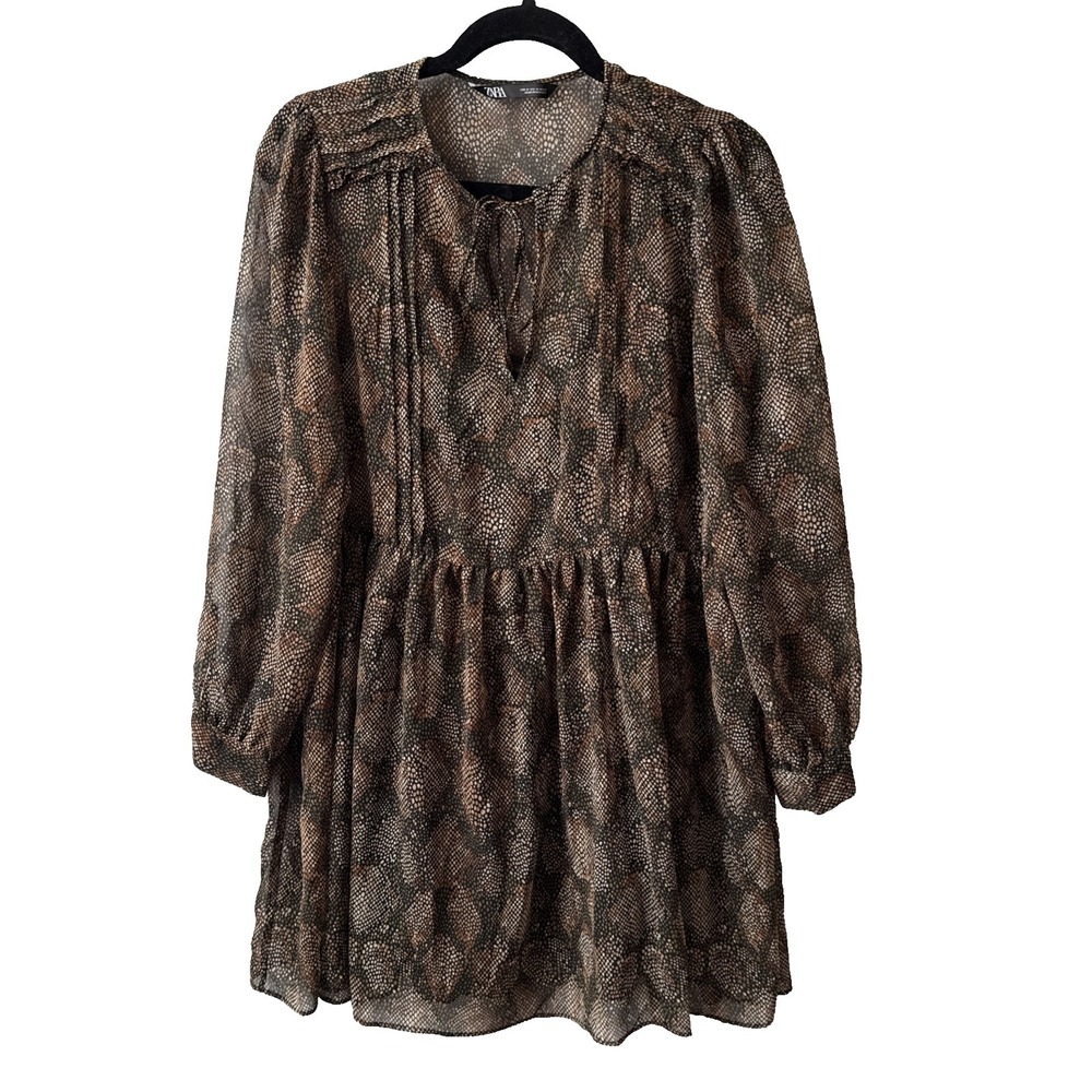 Zara Sheer Snakeskin Pintucked Tie Neck Flowy Lined Dress M Boho Western Romance